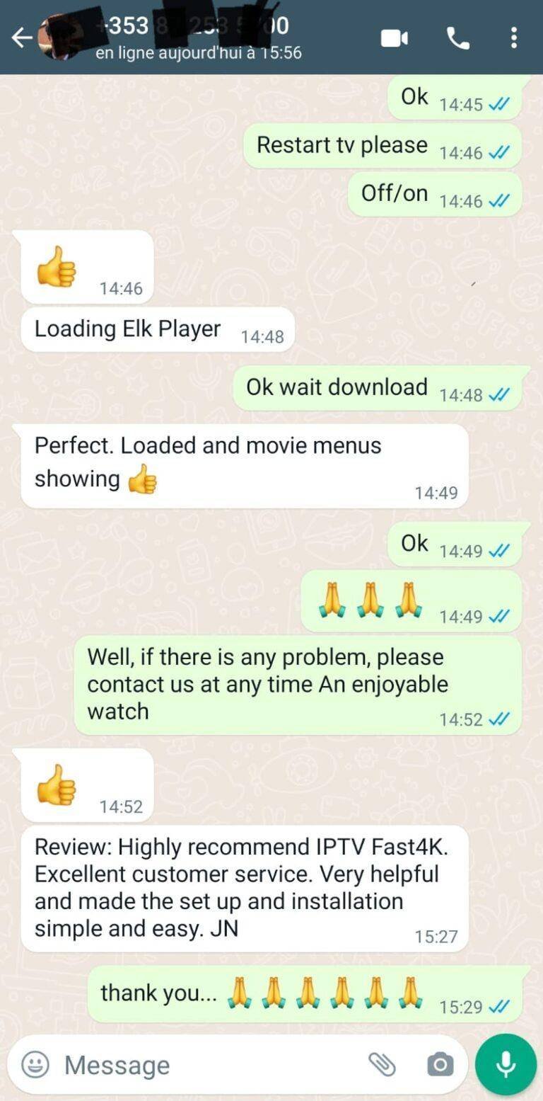 IPTV Web positive client review on WhatsApp